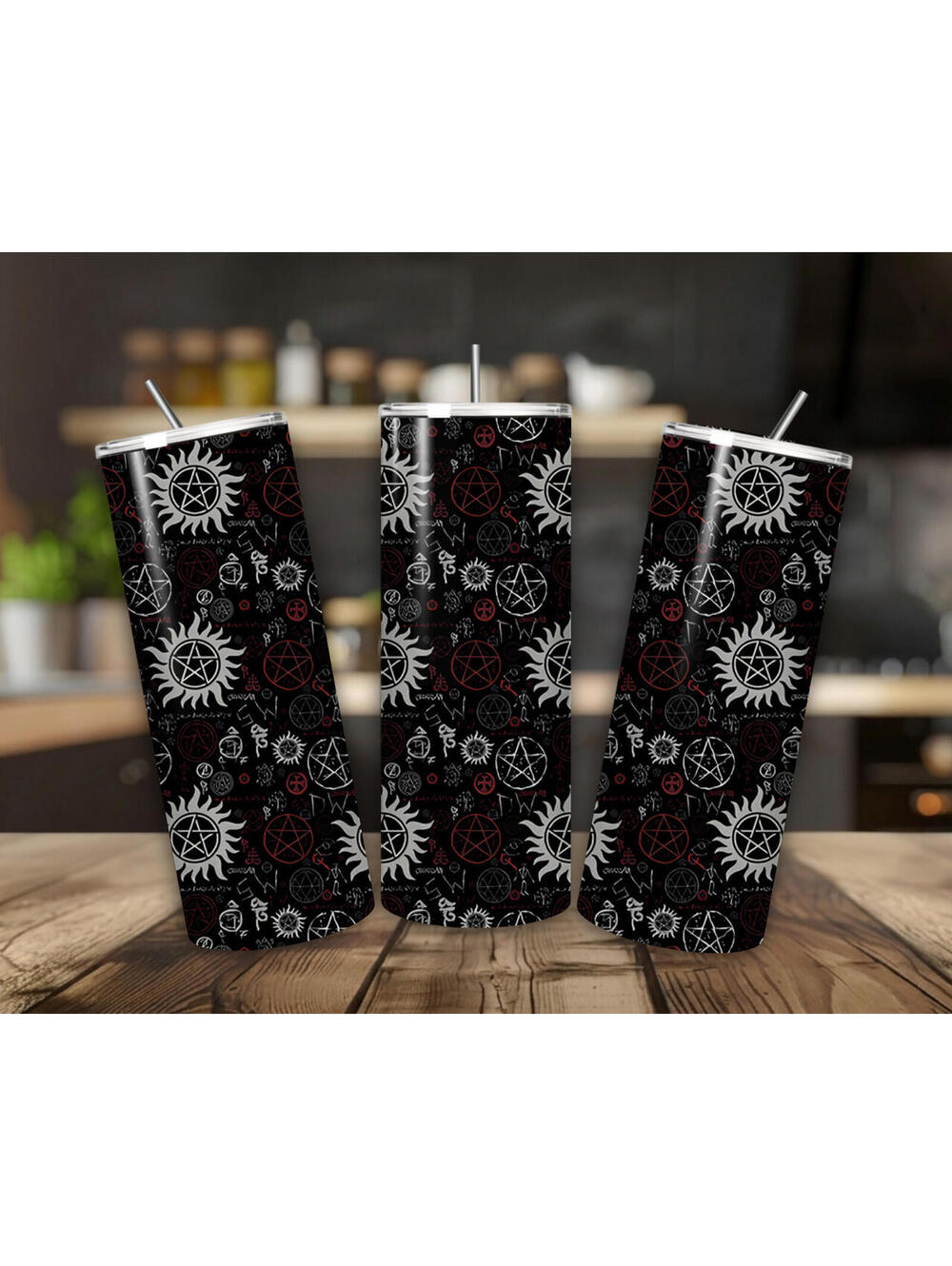 20 oz Supernatural Stainless Steel Tumbler with Lid, Straw - Symbols